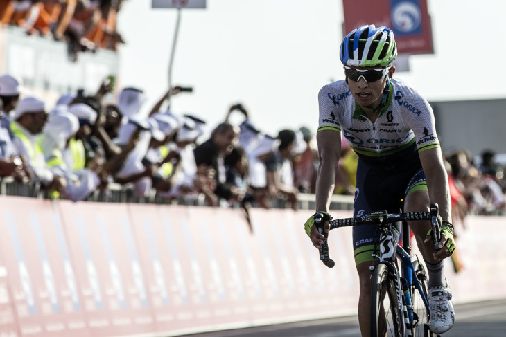 Esteban Chaves of Orica Green Edge on the finish line of​ "the Al Ain Stage", the third stage of Abu Dhabi tour cycling race, over 110 km from Al Ain to Jebel Hafeet. Abu Dhabi, UAE, 10 ​October​ 2015.​ ANSA/​​ANGELO CARCONI