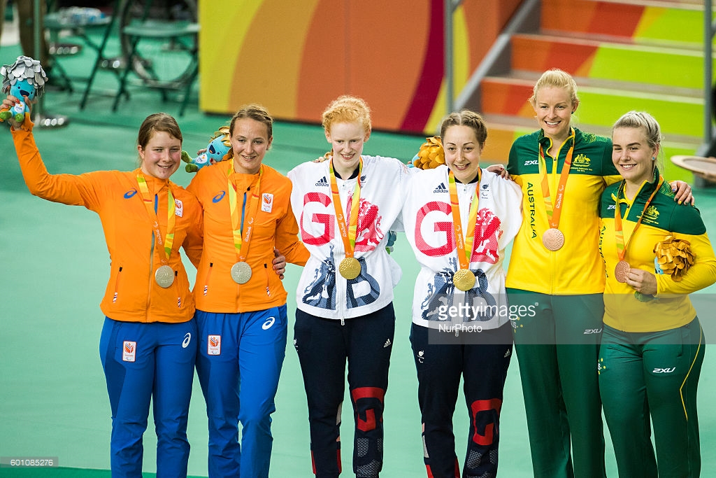 Paralympic Games : Sophie THORNHILL  and tandem pilot  Helen SCOTT won the gold medal in the Women's B 1000m Time Trial at velodrome in Rio de Janeiro on 9 September 2016.  Second place for the dutch couple Larissa KLAASSEN and her pilot Haliegh DOLMAN. At the third place   the australian Jessica GALLAGHER and  Madison JANSSEN. (Photo by Mauro Ujetto/NurPhoto)